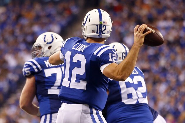 Indianapolis Colts quarterback Andrew Luck (12) throws a pass against the New England Patriots during an NFL football game in Indianapolis, Sunday, Oct. 18, 2015.  (Jeff Haynes/AP Images for Panini)