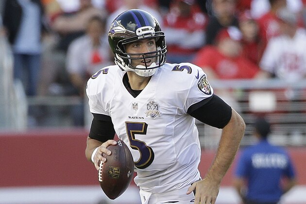 Baltimore Ravens quarterback Joe Flacco (5) rolls out against the San Francisco 49ers during the second half of an NFL football game in Santa Clara, Calif., Sunday, Oct. 18, 2015. (AP Photo/Marcio Jose Sanchez)