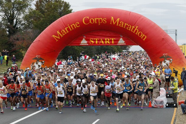 Runners start the Marine Corps Marathon, in Washington, Sunday, Oct. 28, 2012. More than 30,000 people participated in the marathon 2012. (AP Photo/Jose Luis Magana)