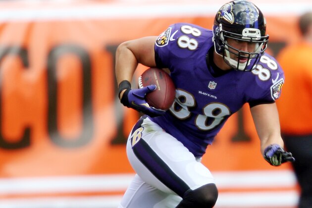 Sep 21, 2014; Cleveland, OH, USA; Baltimore Ravens tight end Dennis Pitta (88) was hurt on this play against the Cleveland Browns during the second quarter at FirstEnergy Stadium. Mandatory Credit: Ron Schwane-USA TODAY Sports