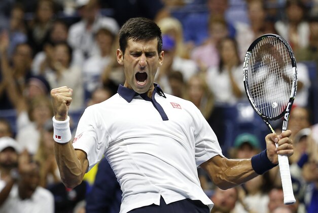 Sep 6, 2015; New York, NY, USA; Novak Djokovic of Serbia reacts after winning a game against Roberto Bautista Agut of Spain (not pictured) on day seven of the 2015 U.S. Open tennis tournament at USTA Billie Jean King National Tennis Center. Mandatory Credit: Geoff Burke-USA TODAY Sports