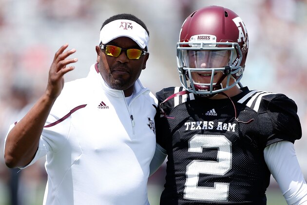 COLLEGE STATION, TX - APRIL 13:  Head coach Kevin Sumlin of the Texas A&M Aggies chats with his quarterback Johnny Manziel #2 before the Maroon & White spring football game at Kyle Field on April 13, 2013 in College Station, Texas.  (Photo by Scott Halleran/Getty Images)