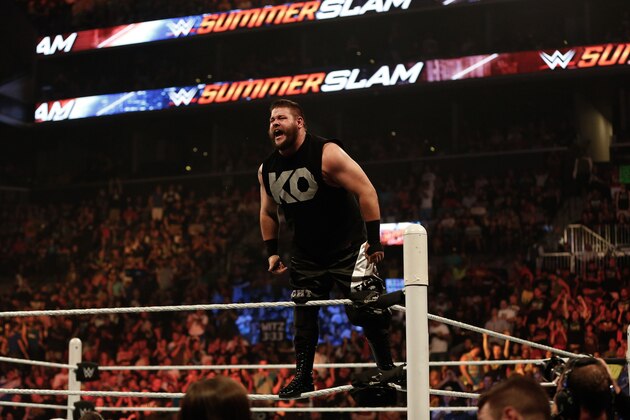 NEW YORK, NY - AUGUST 23:  Kevin Owens celebrates his victory over Cesaro at the WWE SummerSlam 2015 at Barclays Center of Brooklyn on August 23, 2015 in New York City.  (Photo by JP Yim/Getty Images)
