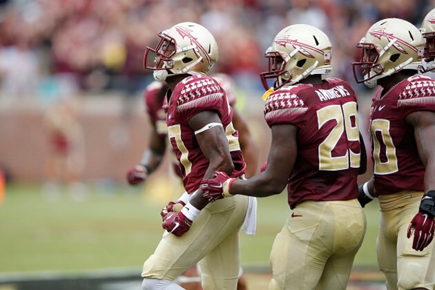 TALLAHASSEE, FL - SEPTEMBER 12: Marquez White #27 of the Florida State Seminoles celebrates after a tackle against the South Florida Bulls during the game at Doak Campbell Stadium on September 12, 2015 in Tallahassee, Florida. Florida State defeated South Florida 34-14. (Photo by Joe Robbins/Getty Images)