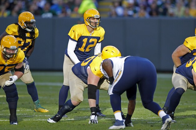 Green Bay Packers quarterback Aaron Rodgers gets ready to take a snap against the San Diego Chargers during an NFL football game Sunday Oct. 18, 2015, in Green Bay, Wis. (AP Photo/Matt Ludtke)