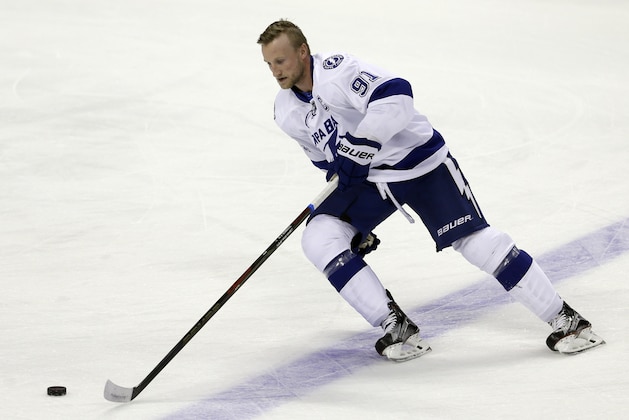 Tampa Bay Lightning center Steven Stamkos (91) skates before an NHL preseason hockey game against the Florida Panthers, Saturday, Oct. 3, 2015, in Sunrise, Fla. (AP Photo/Alan Diaz)