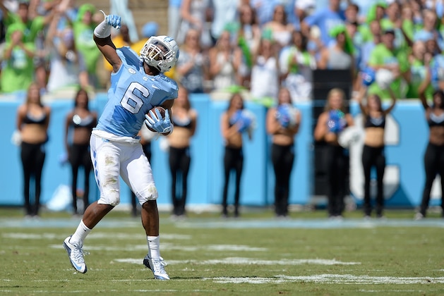 CHAPEL HILL, NC - SEPTEMBER 19: M.J. Stewart #6 of the North Carolina Tar Heels reacts after intercepting a pass against the Illinois Fighting Illini during their game at Kenan Stadium on September 19, 2015 in Chapel Hill, North Carolina. (Photo by Grant Halverson/Getty Images)