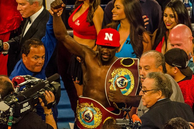 ARLINGTON, TX - APRIL 18:  Terence Crawford celebrates after beating Thomas Dulorme of Puerto Rico in the sixth round in their WBO Jr. Welterweight Title Bout on April 18, 2015 at College Park Center in Arlington, Texas.  (Photo by Tom Pennington/Getty Images)