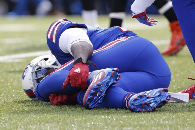 Buffalo Bills wide receiver Sammy Watkins (14) is down after scoring a touchdown during the first half of an NFL football game against the Cincinnati Bengals on Sunday, Oct. 18, 2015, in Orchard Park, N.Y. (AP Photo/Bill Wippert)