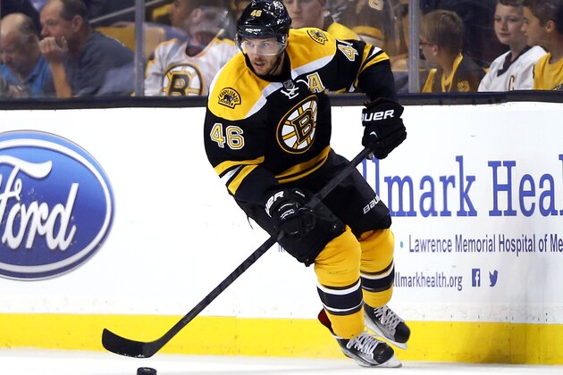 Boston Bruins' David Krejci during the third period of the Boston Bruins 2-1 win over the Washington Capitals in an NHL preseason hockey game in Boston Tuesday, Sept. 22, 2015. (AP Photo/Winslow Townson)