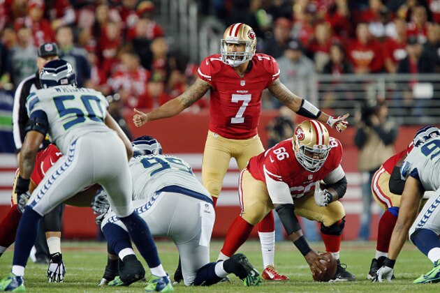 SANTA CLARA, CA - NOVEMBER 27:  Quarterback Colin Kaepernick #7 of the San Francisco 49ers calls out a play against the Seattle Seahawks on the first play from scrimmage on November 27, 2014 at Levi's Stadium in Santa Clara, California.  The Seahawks won 19-3. (Photo by Brian Bahr/Getty Images)
