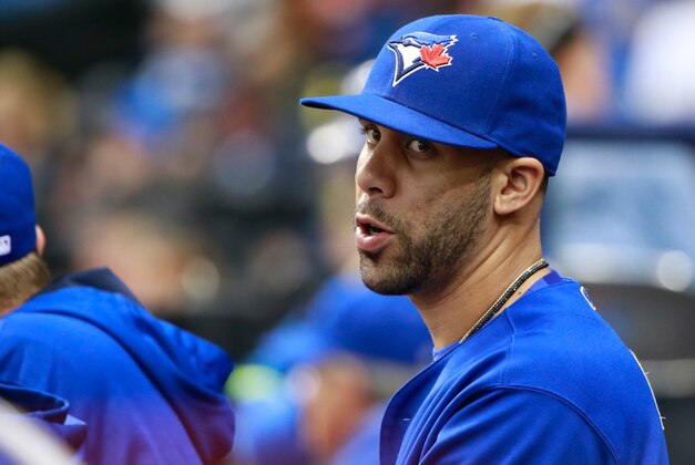 Oct 4, 2015; St. Petersburg, FL, USA; Toronto Blue Jays starting pitcher David Price (14) in the dugout against the Tampa Bay Rays at Tropicana Field. Mandatory Credit: Kim Klement-USA TODAY Sports