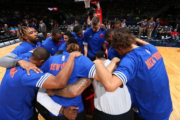 WASHINGTON, DC -  OCTOBER 9:  THe New York Knicks huddle before the game against the Washington Wizards during a preseason game on October 9, 2015 at Verizon Center in Washington, DC. NOTE TO USER: User expressly acknowledges and agrees that, by downloading and or using this Photograph, user is consenting to the terms and conditions of the Getty Images License Agreement. Mandatory Copyright Notice: Copyright 2015 NBAE (Photo by Ned Dishman/NBAE via Getty Images)