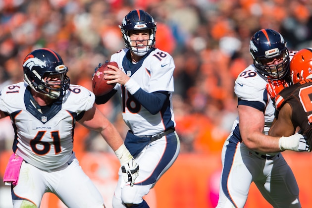 CLEVELAND, OH - OCTOBER 18: Quarterback Peyton Manning #18 of the Denver Broncos looks for a receiver during the second half against the Cleveland Browns at FirstEnergy Stadium on October 18, 2015 in Cleveland, Ohio. The Broncos defeated the Browns 26-23 in overtime. (Photo by Jason Miller/Getty Images)