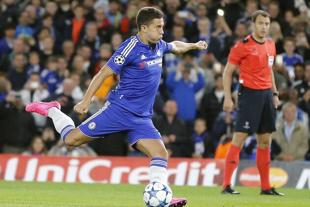 Chelsea's Eden Hazard fails to score by penalty during the Champions League group G soccer match between Chelsea and Maccabi Tel-Aviv at Stamford Bridge stadium in London, Wednesday, Sept. 16, 2015.(AP Photo/Frank Augstein))