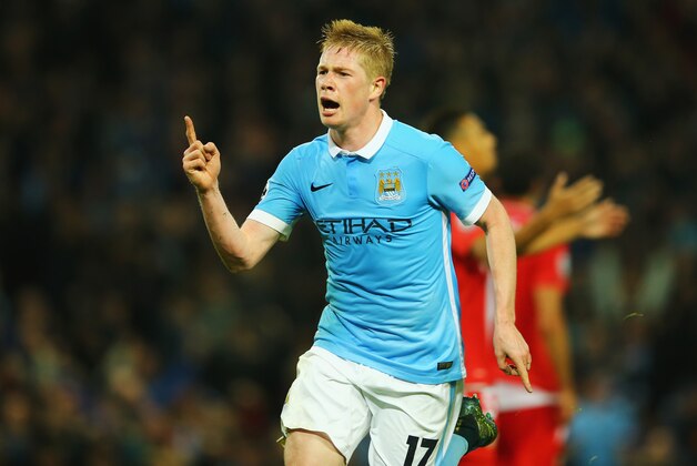 MANCHESTER, ENGLAND - OCTOBER 21:  Kevin De Bruyne of Manchester City celebrates scoring his team's second goal during the UEFA Champions League Group D match between Manchester City and Sevilla at Etihad Stadium on October 21, 2015 in Manchester, United Kingdom.  (Photo by Richard Heathcote/Getty Images)