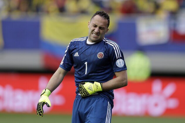 Colombia's goalkeeper David Ospina grimaces during a Copa America Group C soccer match against Peru at  the Bicentenario German Becker stadium in  Temuco, Chile, Sunday, June 21, 2015. (AP Photo/Natacha Pisarenko)