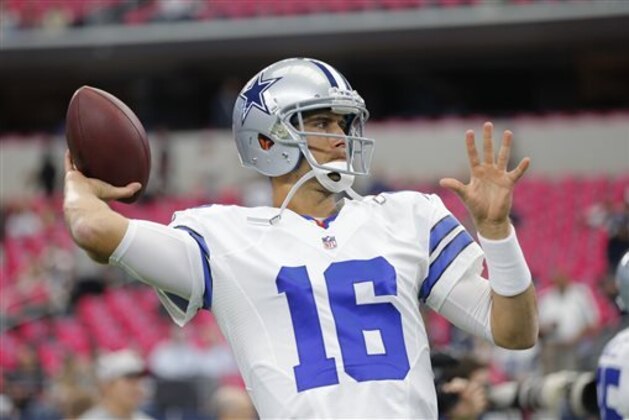 FILE - In this Oct. 11, 2015, file photo, Dallas Cowboys' Matt Cassel (16) throws before an NFL football game against the New England Patriots in Arlington, Texas. Matt Cassel appears on the verge of being named the starter for the Cowboys after Brandon Weeden went 0-3 filling in for Tony Romo. (AP Photo/Brandon Wade, File)