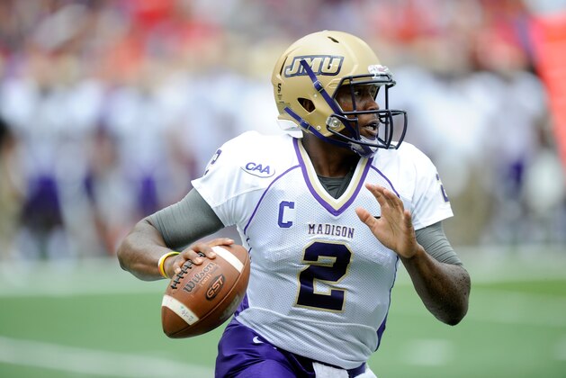 COLLEGE PARK, MD - AUGUST 30:  Vad Lee #2 of the James Madison Dukes drops back to pass against the Maryland Terrapins at Byrd Stadium on August 30, 2014 in College Park, Maryland.  (Photo by G Fiume/Maryland Terrapins/Getty Images)