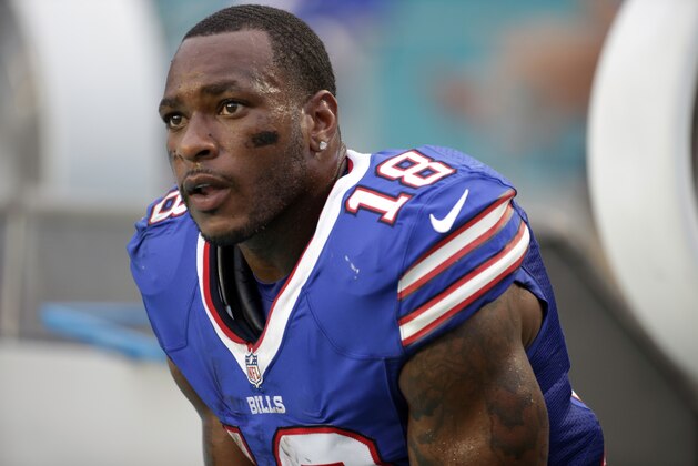 Buffalo Bills wide receiver Percy Harvin (18) sits on the sidelines during the second half of an NFL football game against the Miami Dolphins, Sunday, Sept. 27, 2015 in Miami Gardens, Fla. (AP Photo/Lynne Sladky)