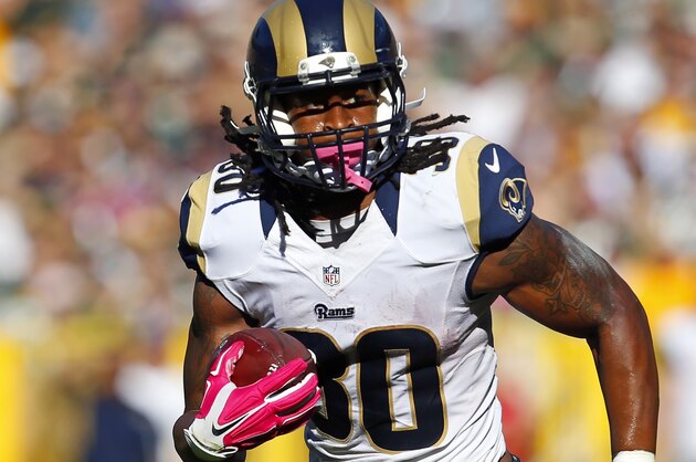 St. Louis Rams running back Todd Gurley (30) runs the ball against the Green Bay Packers during an NFL football game Sunday, Oct. 11, 2015, in Green Bay, Wis. The Packers won 24-10. (Jeff Haynes/AP Images for Panini) St. Louis Rams running back Todd Gurley (30) runs the ball against the Green Bay Packers during an NFL football game Sunday, Oct. 11, 2015, in Green Bay, Wis. The Packers won 24-10. (Jeff Haynes/AP Images for Panini)