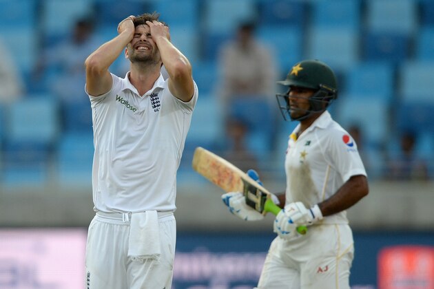DUBAI, UNITED ARAB EMIRATES - OCTOBER 22:  Mark Wood of England reacts during the 2nd test match between Pakistan and England at Dubai Cricket Stadium on October 22, 2015 in Dubai, United Arab Emirates.  (Photo by Gareth Copley/Getty Images)