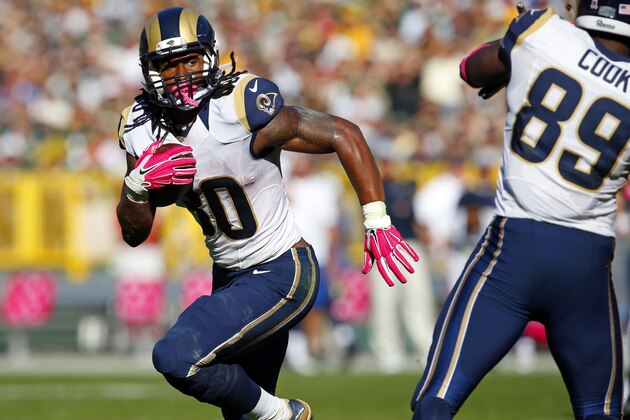 St. Louis Rams running back Todd Gurley (30) runs the ball against the Green Bay Packers during an NFL football game Sunday, Oct. 11, 2015, in Green Bay, Wis. The Packers won 24-10. (Jeff Haynes/AP Images for Panini)