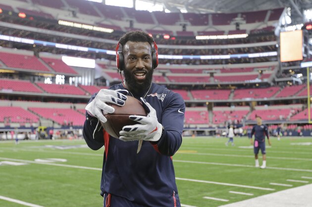 New England Patriots' Brandon LaFell practices before an NFL football game against the Dallas Cowboys, Sunday, Oct. 11, 2015, in Arlington, Texas. (AP Photo/Tim Sharp)