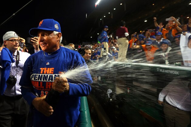 CHICAGO, IL - OCTOBER 21:  Manager Terry Collins #10 of the New York Mets celebrates on field after defeating the Chicago Cubs in game four of the 2015 MLB National League Championship Series at Wrigley Field on October 21, 2015 in Chicago, Illinois.  The Mets defeated the Cubs with a score of 8 to 3 to sweep the Championship Series.  (Photo by Elsa/Getty Images)