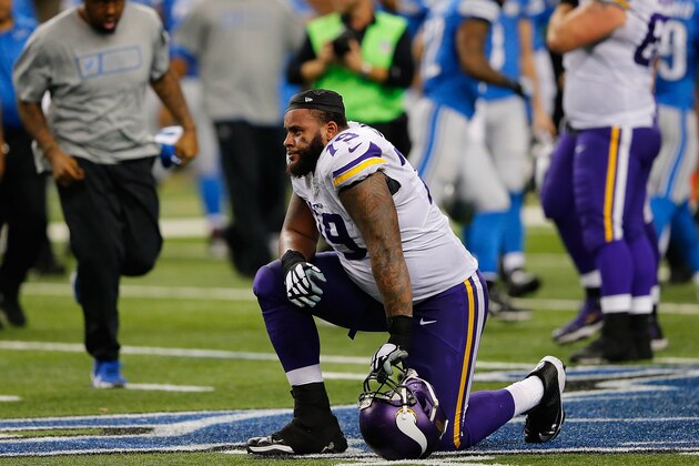 DETROIT, MI - DECEMBER 14: Michael Harris #79 of the Minnesota Vikings reacts after the loss to Detroit Lions at Ford Field on December 14, 2014 in Detroit, Michigan. The Lions defeated the Vikings 16-14.  (Photo by Leon Halip/Getty Images)