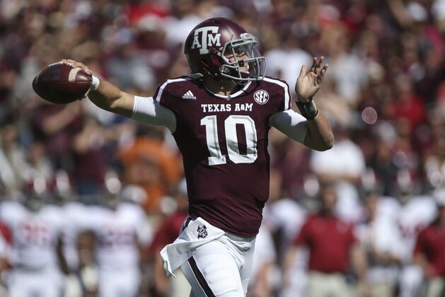 Oct 17, 2015; College Station, TX, USA; Texas A&M Aggies quarterback Kyle Allen (10) attempts a pass during the first quarter against the Alabama Crimson Tide at Kyle Field. Mandatory Credit: Troy Taormina-USA TODAY Sports