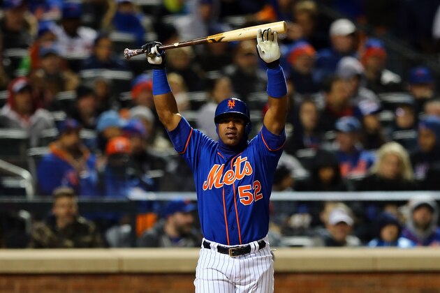 NEW YORK, NY - OCTOBER 17:  Yoenis Cespedes #52 of the New York Metsreacts after almost getting hits a by a pitch against the Chicago Cubs during game one of the 2015 MLB National League Championship Series at Citi Field on October 17, 2015 in the Flushing neighborhood of the Queens borough of New York City.  (Photo by Elsa/Getty Images)