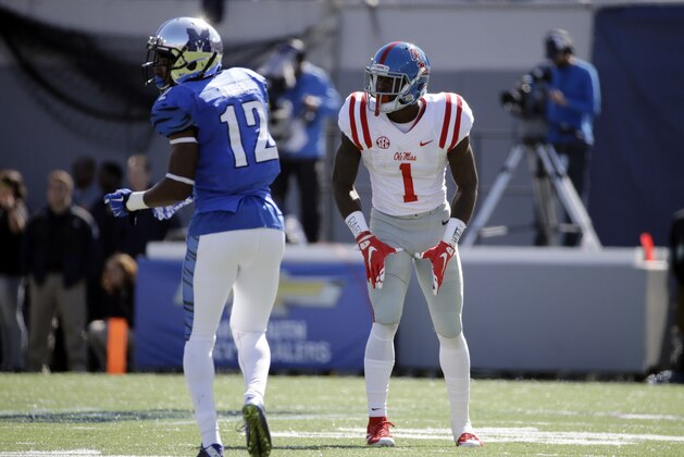 Mississippi wide receiver Laquon Treadwell (1) lines up against Memphis defensive back Chauncey Lanier (12) in the first half of an NCAA college football game Saturday, Oct. 17, 2015, in Memphis, Tenn. (AP Photo/Mark Humphrey)