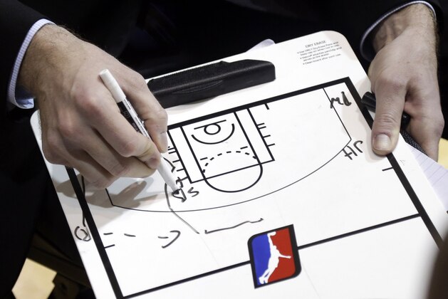 In this Jan. 16, 2015, photo, a coach draws up a play during an NBA Development League basketball game between the Reno Bighorns and Westchester Knicks in Santa Cruz, Calif. With 17 of 30 NBA franchises affiliated with one lower-tier club now, the expanding partnerships are allowing the D-League to become a melting pot for innovation.(AP Photo/Marcio Jose Sanchez)