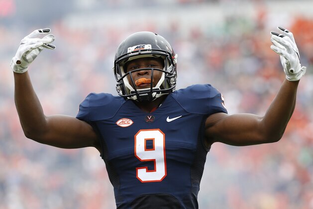 Sep 12, 2015; Charlottesville, VA, USA; Virginia Cavaliers wide receiver Canaan Severin (9) gestures to the crowd prior to the Cavaliers' game against the Notre Dame Fighting Irish at Scott Stadium. Mandatory Credit: Geoff Burke-USA TODAY Sports