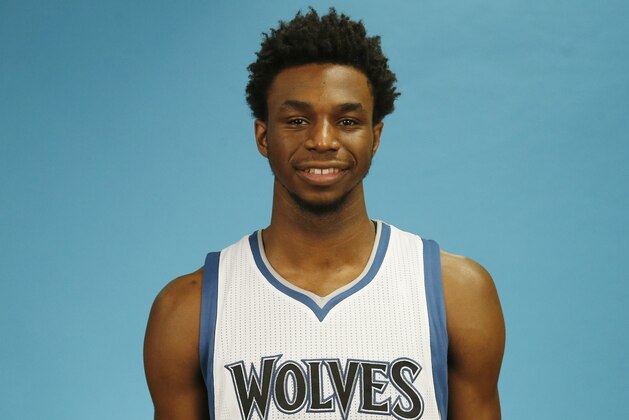 Minnesota Timberwolves' Andrew Wiggins poses for the NBA basketball team's media day, Monday, Sept. 28, 2015, in Minneapolis.  (AP Photo/Jim Mone)