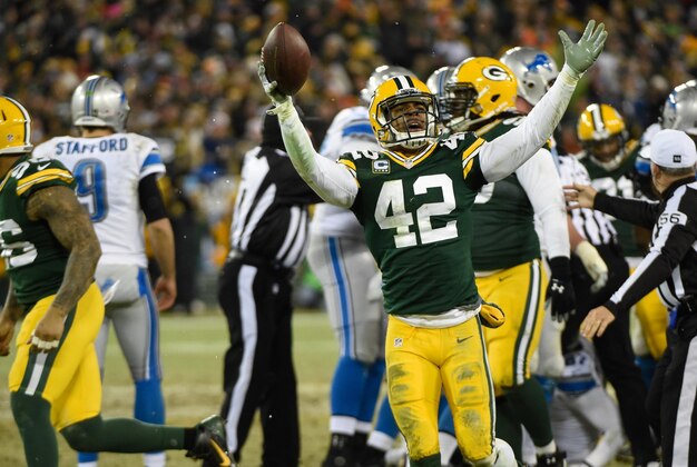 Dec 28, 2014; Green Bay, WI, USA; Green Bay Packers safety Morgan Burnett (42) reacts after recovering a fumble in the third quarter during the game against the Detroit Lions at Lambeau Field. Mandatory Credit: Benny Sieu-USA TODAY Sports