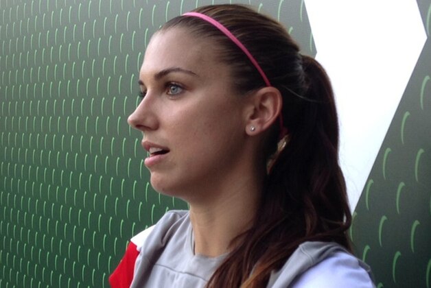 Portland Thorns forward Alex Morgan speaks with reporters at Providence Park in Portland, Ore., Wednesday, Aug. 26, 2015. Morgan is healed from injuries and a minor surgical procedure as she looks forward to the World Cup-winning U.S. national team’s next goal: the 2016 Olympics. (AP Photo/Anne Peterson)