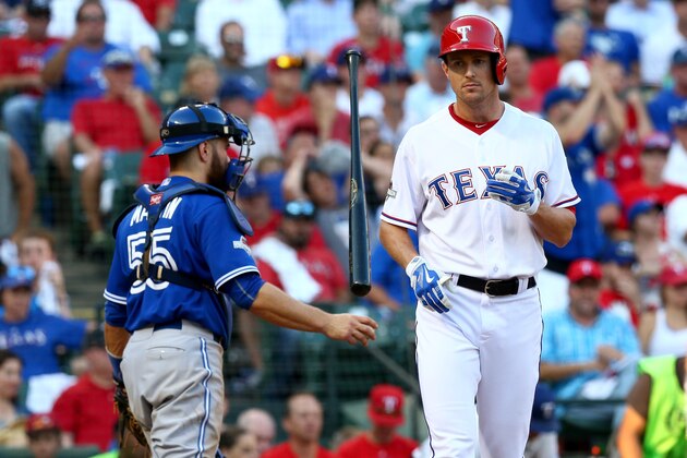 ARLINGTON, TX - OCTOBER 12:  Drew Stubbs #15 of the Texas Rangers strikes out in the eighth inning against the Toronto Blue Jays in game four of the American League Division Series at Globe Life Park in Arlington on October 12, 2015 in Arlington, Texas.  (Photo by Ronald Martinez/Getty Images)
