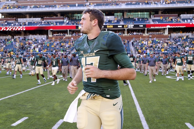 Baylor quarterback Seth Russell (17) runs on the field following their 70-17 win over Rice after an NCAA college football game, Saturday, Sept. 26, 2015, in Waco, Texas. (AP Photo/Rod Aydelotte)