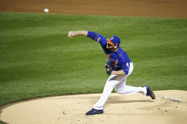 New York Mets pitcher Matt Harvey throws during the first inning of Game 1 of the National League baseball championship series against the Chicago Cubs Saturday, Oct. 17, 2015, in New York. (AP Photo/Frank Franklin II)