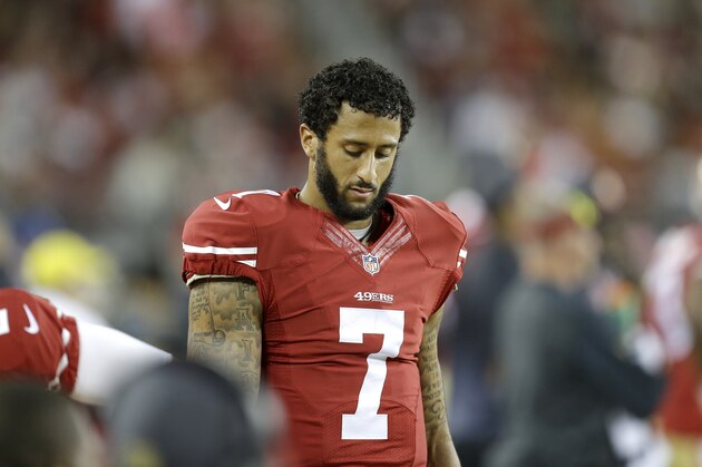 San Francisco 49ers quarterback Colin Kaepernick (7) stands on the sideline during the second half of an NFL football game against the Seattle Seahawks in Santa Clara, Calif., Thursday, Oct. 22, 2015. (AP Photo/Ben Margot)