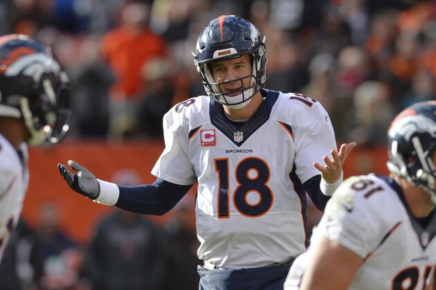 Denver Broncos quarterback Peyton Manning (18) reacts during an NFL football game against the Cleveland Browns Sunday, Oct. 18, 2015, in Cleveland. Denver won 26-23 in overtime. (AP Photo/David Richard) Denver Broncos quarterback Peyton Manning (18) reacts during an NFL football game against the Cleveland Browns Sunday, Oct. 18, 2015, in Cleveland. Denver won 26-23 in overtime. (AP Photo/David Richard)