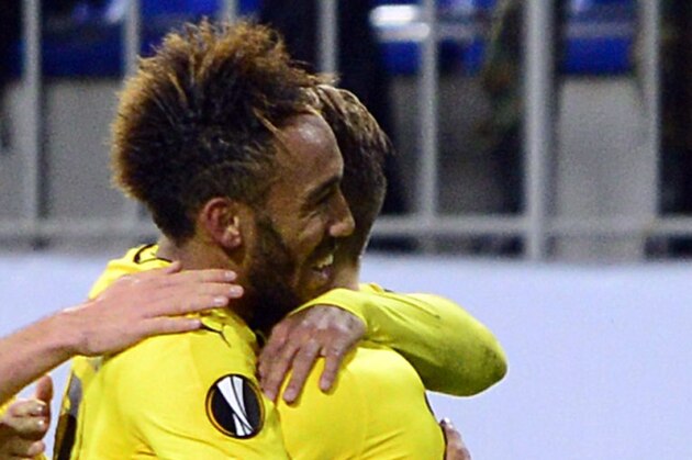 Dortmund's players celebrate a goal during the UEFA Europa League group C football match between Qabala FK and Borussia Dortmund in Baku on October 22, 2015. AFP PHOTO / TOFIK BABAYEV        (Photo credit should read TOFIK BABAYEV/AFP/Getty Images)