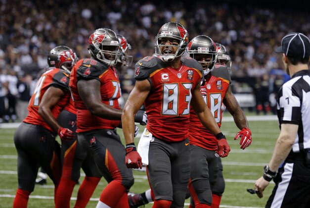 Tampa Bay Buccaneers wide receiver Vincent Jackson (83) celebrates his touchdown with wide receiver Mike Evans (13) in the first half of an NFL football game in New Orleans, Sunday, Sept. 20, 2015. (AP Photo/Bill Haber)