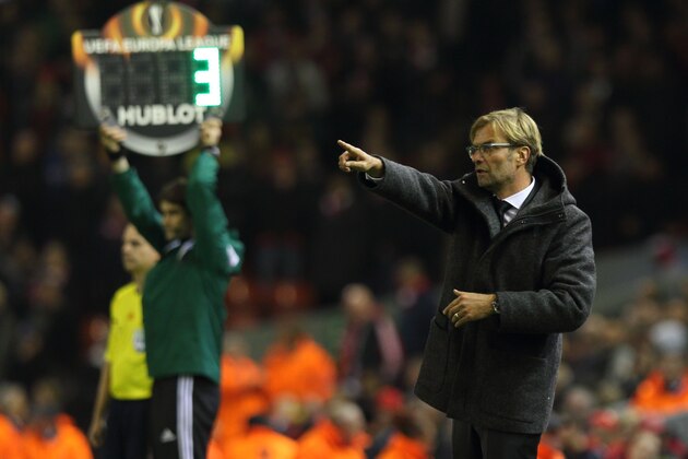 LIVERPOOL, ENGLAND - OCTOBER 22:  Jurgen Klopp the  manager of Liverpool on the sidelines during the UEFA Europa League match between Liverpool and Rubin Kazan at Anfield on October 22, 2015 in Liverpool, United Kingdom.  (Photo by Matthew Ashton - AMA/Getty Images)