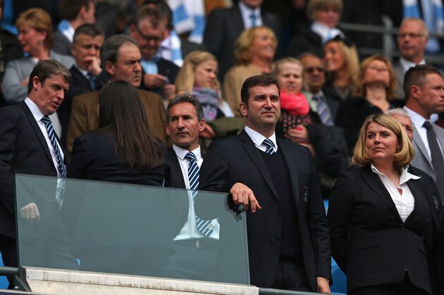 MANCHESTER, ENGLAND - MAY 19:  (l-r) Brian Marwood, Txiki Begiristain the Director of Football at Manchester City, Ferran Soriano the CEO and Vicky Kloss the chief communications officer of Manchester City look on prior to the Barclays Premier League match between Manchester City and Norwich City at Etihad Stadium on May 19, 2013 in Manchester, England.  (Photo by Alex Livesey/Getty Images)