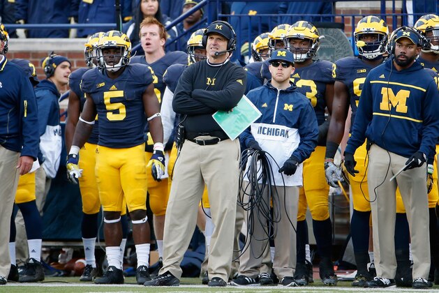 ANN ARBOR, MI - OCTOBER 17:  Head coach Jim Harbaugh of the Michigan Wolverines on the sideliens during the college football game against the Michigan State Spartans at Michigan Stadium on October 17, 2015 in Ann Arbor, Michigan. The Spartans defeated the Wolverines 27-23.  (Photo by Christian Petersen/Getty Images)