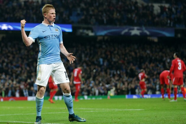 Manchester City's Kevin De Bruyne celebrates after scoring his sides second goal against Sevilla during the Champions League Group D soccer match between Manchester City and Sevilla at the Etihad Stadium, Manchester, England, Wednesday, Oct. 21, 2015. (AP Photo/Clint Hughes)