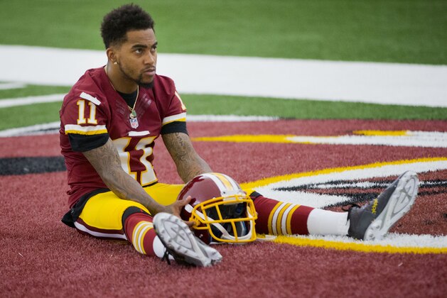 Washington Redskins wide receiver DeSean Jackson poses for an in-house promotional video following an NFL football organized team activity at Redskins Park, on Wednesday, June 3, 2015, in Ashburn, Va. (AP Photo/Pablo Martinez Monsivais)